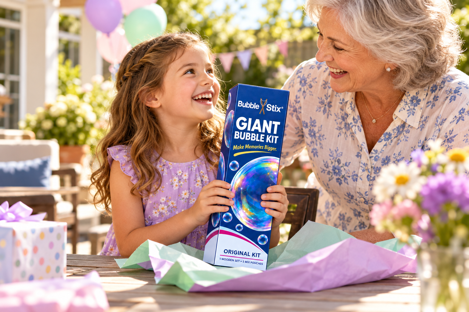 Illustrative fictional child receiving a BubbleStix gift