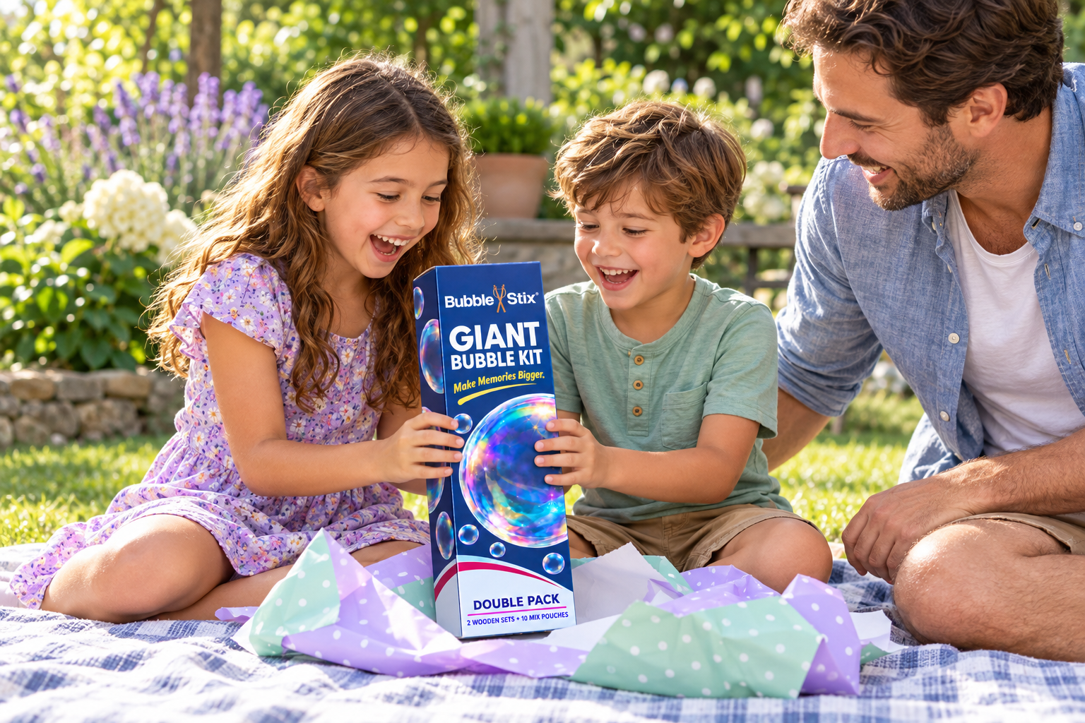Fictional siblings delighted to receive a BubbleStix kit with their father