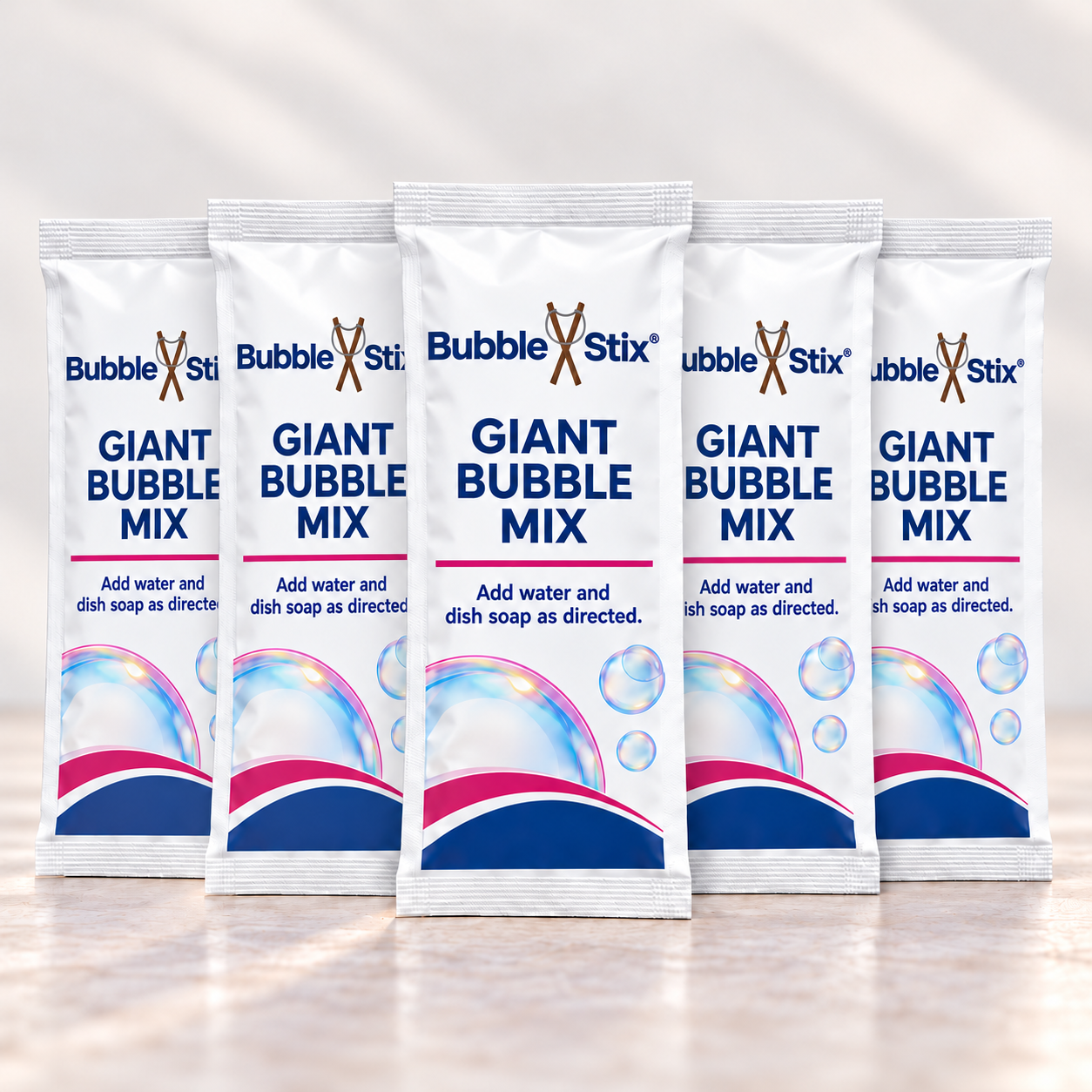 Five branded BubbleStix Giant Bubble Mix pouches